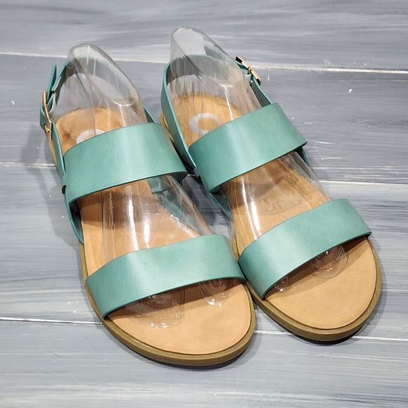 Journee Lavine Sandals Size 7 Blue Wide Strap‎ Gold Tone Buckle Flat Cushioned - Picture 7 of 11